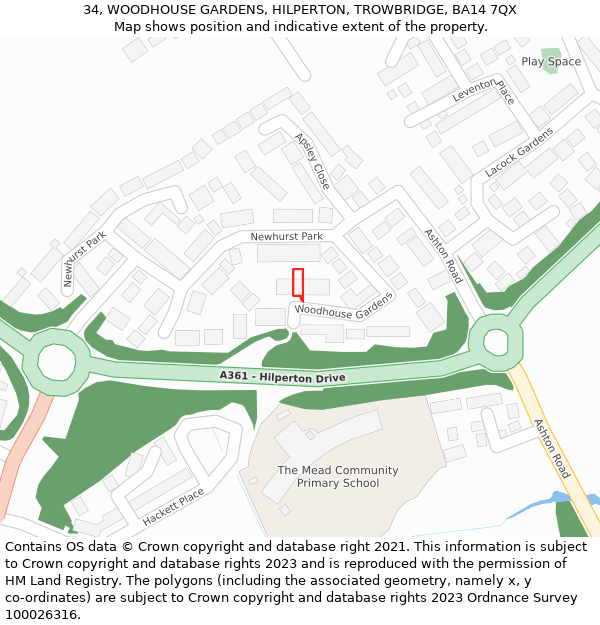 34, WOODHOUSE GARDENS, HILPERTON, TROWBRIDGE, BA14 7QX: Location map and indicative extent of plot