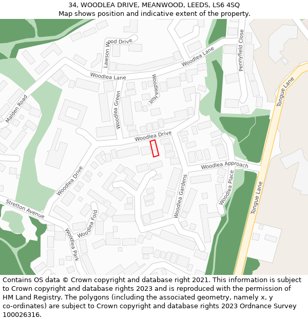 34, WOODLEA DRIVE, MEANWOOD, LEEDS, LS6 4SQ: Location map and indicative extent of plot