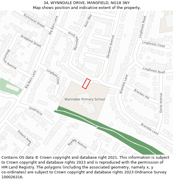 34, WYNNDALE DRIVE, MANSFIELD, NG18 3NY: Location map and indicative extent of plot