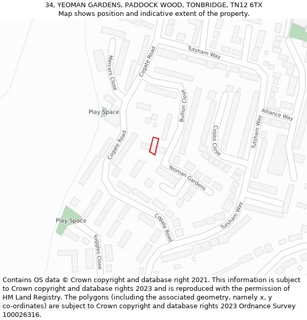 34, YEOMAN GARDENS, PADDOCK WOOD, TONBRIDGE, TN12 6TX: Location map and indicative extent of plot