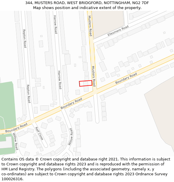 344, MUSTERS ROAD, WEST BRIDGFORD, NOTTINGHAM, NG2 7DF: Location map and indicative extent of plot