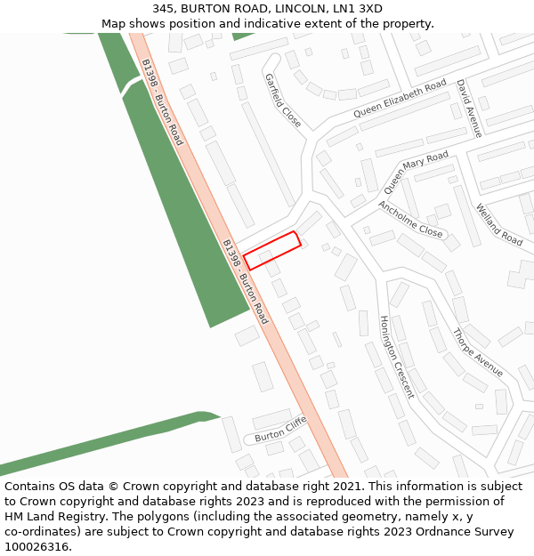 345, BURTON ROAD, LINCOLN, LN1 3XD: Location map and indicative extent of plot