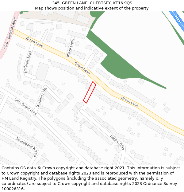 345, GREEN LANE, CHERTSEY, KT16 9QS: Location map and indicative extent of plot