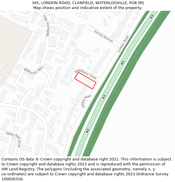 345, LONDON ROAD, CLANFIELD, WATERLOOVILLE, PO8 0PJ: Location map and indicative extent of plot