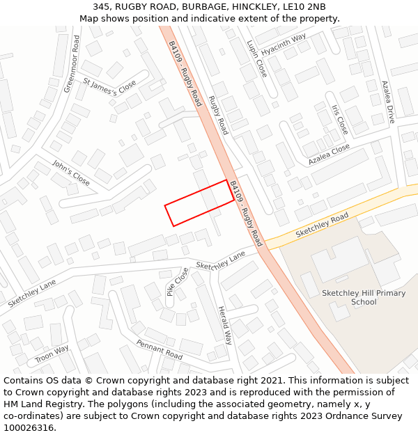 345, RUGBY ROAD, BURBAGE, HINCKLEY, LE10 2NB: Location map and indicative extent of plot