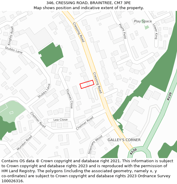 346, CRESSING ROAD, BRAINTREE, CM7 3PE: Location map and indicative extent of plot