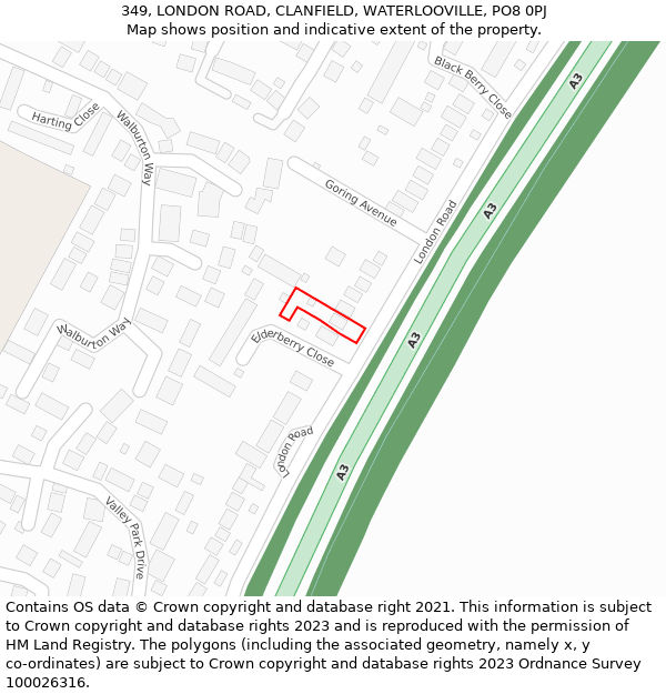 349, LONDON ROAD, CLANFIELD, WATERLOOVILLE, PO8 0PJ: Location map and indicative extent of plot