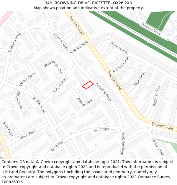 34A, BROWNING DRIVE, BICESTER, OX26 2XN: Location map and indicative extent of plot