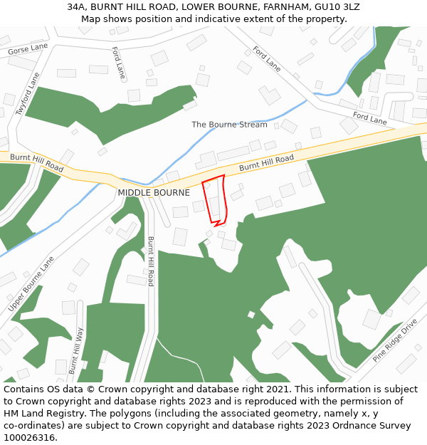 34A, BURNT HILL ROAD, LOWER BOURNE, FARNHAM, GU10 3LZ: Location map and indicative extent of plot