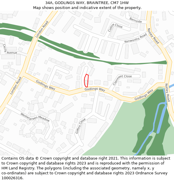 34A, GODLINGS WAY, BRAINTREE, CM7 1HW: Location map and indicative extent of plot