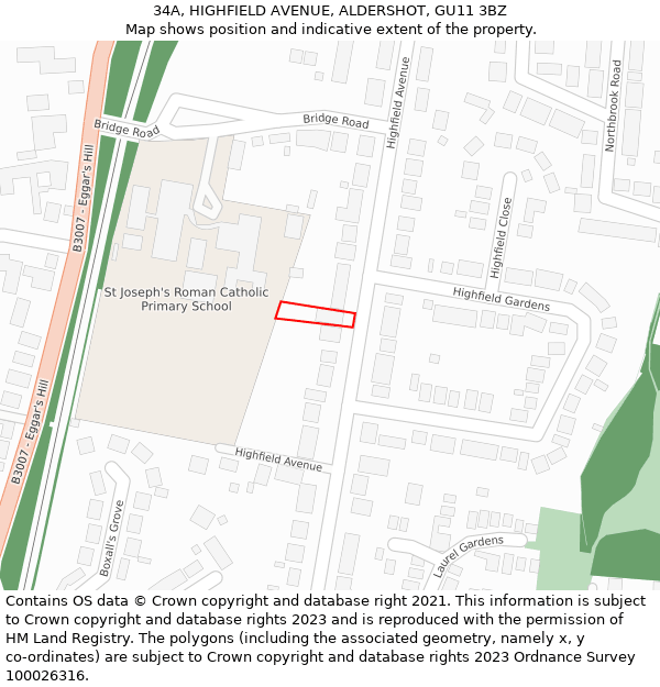 34A, HIGHFIELD AVENUE, ALDERSHOT, GU11 3BZ: Location map and indicative extent of plot