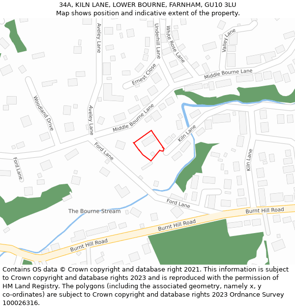 34A, KILN LANE, LOWER BOURNE, FARNHAM, GU10 3LU: Location map and indicative extent of plot