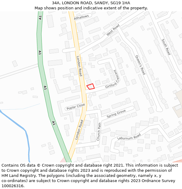 34A, LONDON ROAD, SANDY, SG19 1HA: Location map and indicative extent of plot