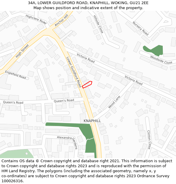 34A, LOWER GUILDFORD ROAD, KNAPHILL, WOKING, GU21 2EE: Location map and indicative extent of plot