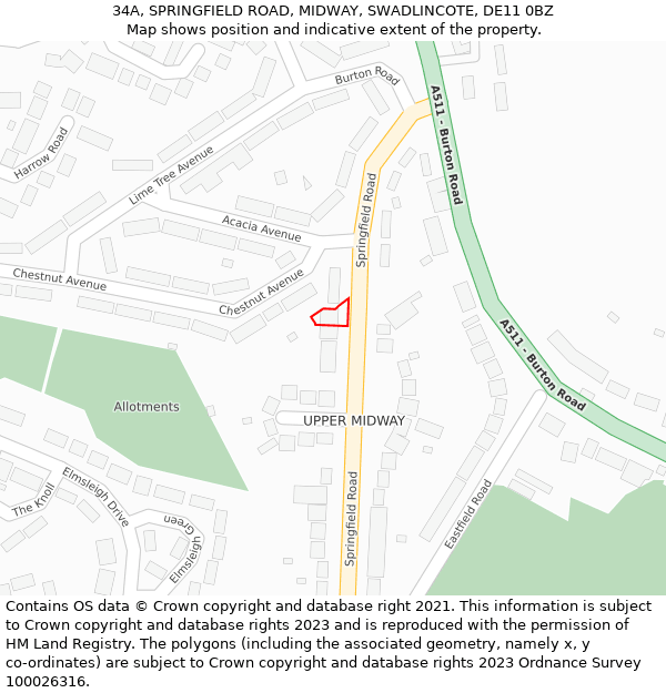 34A, SPRINGFIELD ROAD, MIDWAY, SWADLINCOTE, DE11 0BZ: Location map and indicative extent of plot