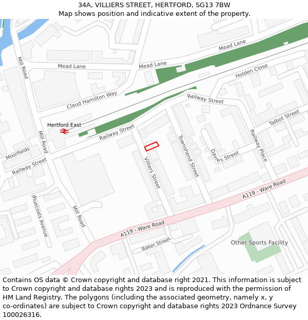 34A, VILLIERS STREET, HERTFORD, SG13 7BW: Location map and indicative extent of plot