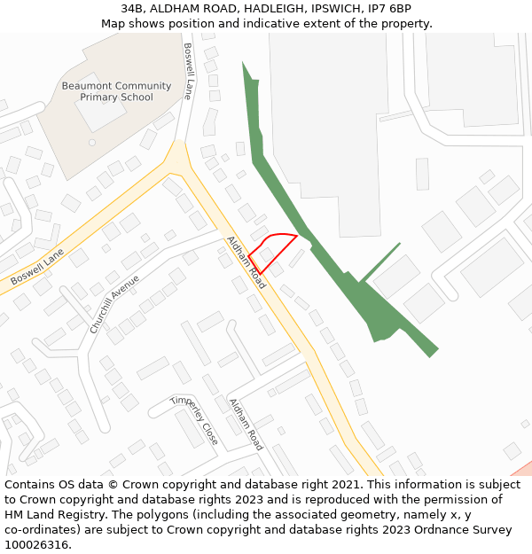 34B, ALDHAM ROAD, HADLEIGH, IPSWICH, IP7 6BP: Location map and indicative extent of plot