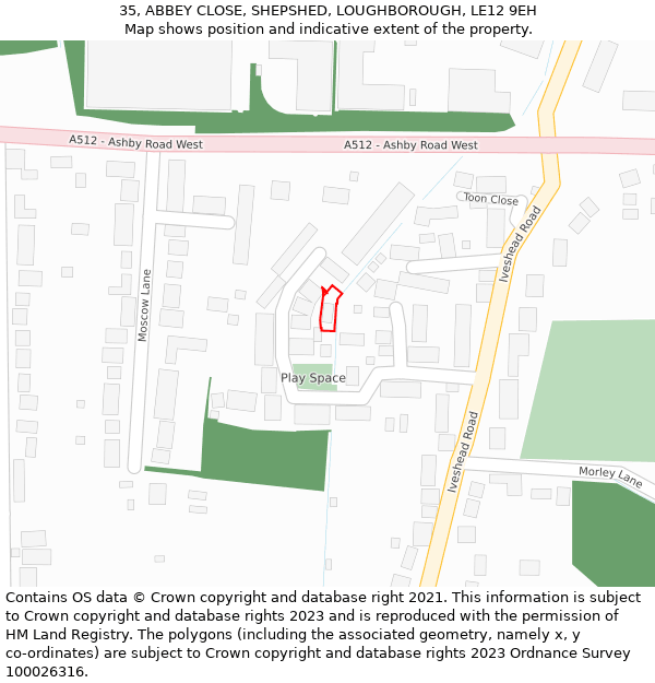 35, ABBEY CLOSE, SHEPSHED, LOUGHBOROUGH, LE12 9EH: Location map and indicative extent of plot