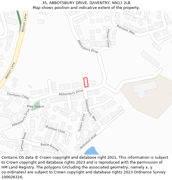 35, ABBOTSBURY DRIVE, DAVENTRY, NN11 2LB: Location map and indicative extent of plot
