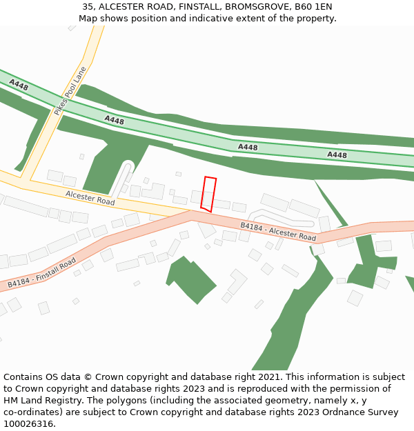 35, ALCESTER ROAD, FINSTALL, BROMSGROVE, B60 1EN: Location map and indicative extent of plot