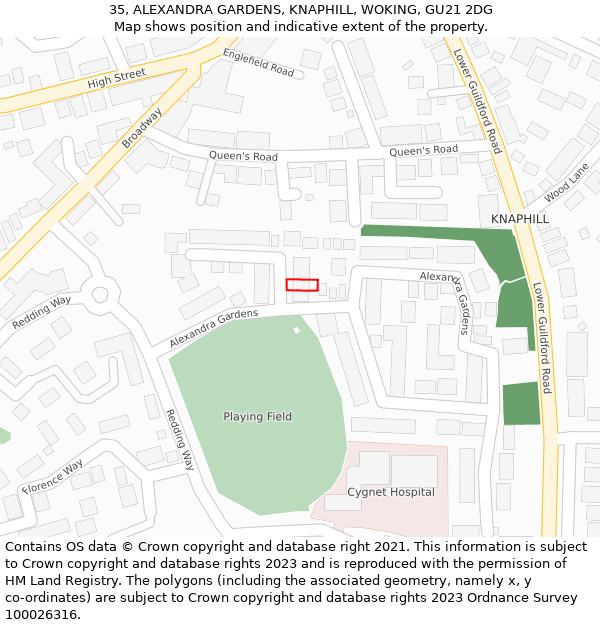 35, ALEXANDRA GARDENS, KNAPHILL, WOKING, GU21 2DG: Location map and indicative extent of plot