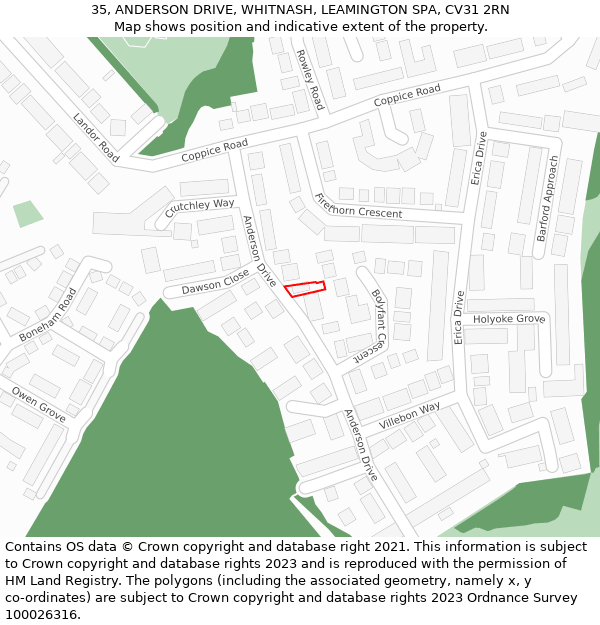 35, ANDERSON DRIVE, WHITNASH, LEAMINGTON SPA, CV31 2RN: Location map and indicative extent of plot