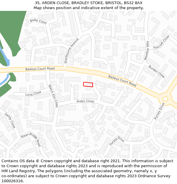 35, ARDEN CLOSE, BRADLEY STOKE, BRISTOL, BS32 8AX: Location map and indicative extent of plot