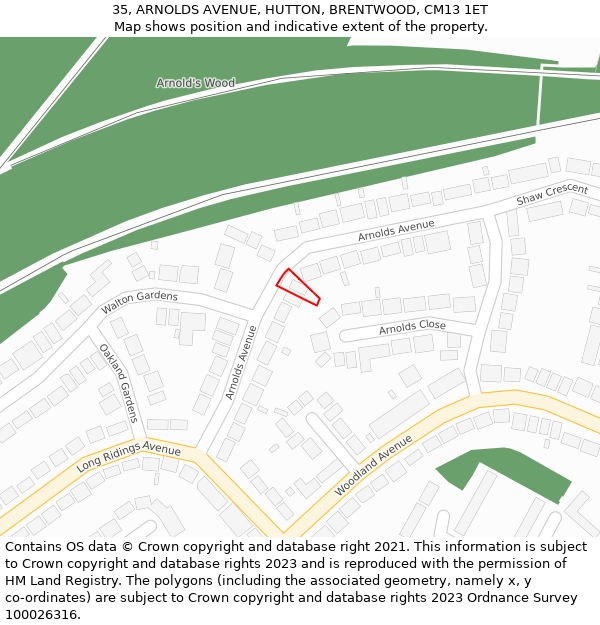 35, ARNOLDS AVENUE, HUTTON, BRENTWOOD, CM13 1ET: Location map and indicative extent of plot