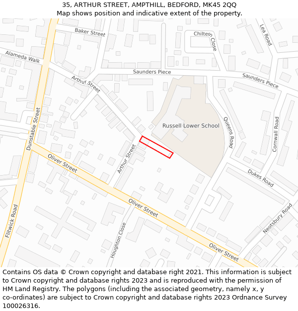 35, ARTHUR STREET, AMPTHILL, BEDFORD, MK45 2QQ: Location map and indicative extent of plot