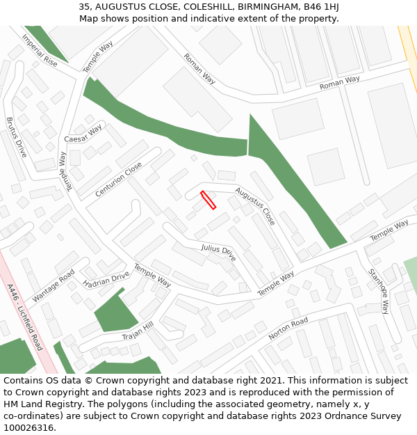 35, AUGUSTUS CLOSE, COLESHILL, BIRMINGHAM, B46 1HJ: Location map and indicative extent of plot