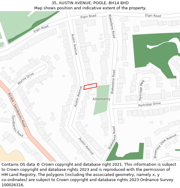 35, AUSTIN AVENUE, POOLE, BH14 8HD: Location map and indicative extent of plot
