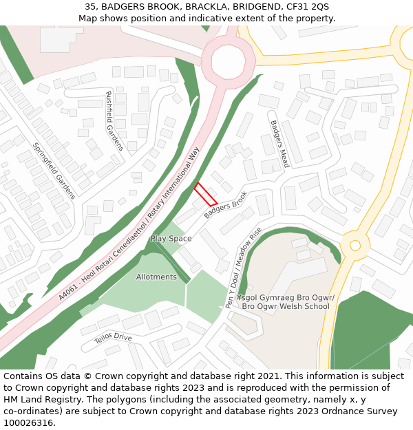 35, BADGERS BROOK, BRACKLA, BRIDGEND, CF31 2QS: Location map and indicative extent of plot