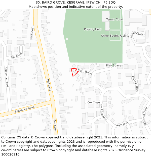 35, BAIRD GROVE, KESGRAVE, IPSWICH, IP5 2DQ: Location map and indicative extent of plot