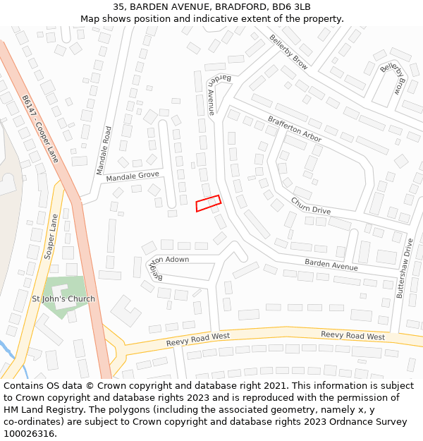 35, BARDEN AVENUE, BRADFORD, BD6 3LB: Location map and indicative extent of plot