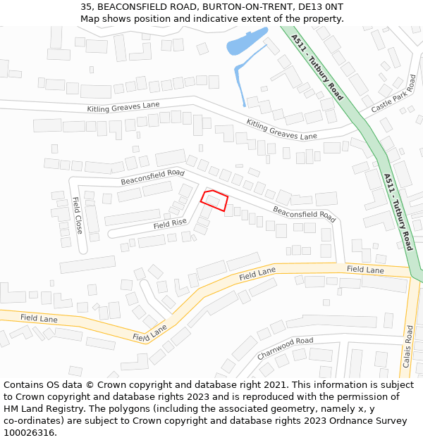 35, BEACONSFIELD ROAD, BURTON-ON-TRENT, DE13 0NT: Location map and indicative extent of plot