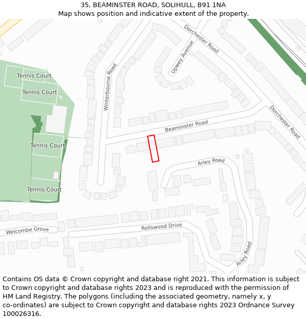 35, BEAMINSTER ROAD, SOLIHULL, B91 1NA: Location map and indicative extent of plot