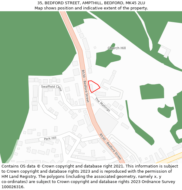 35, BEDFORD STREET, AMPTHILL, BEDFORD, MK45 2LU: Location map and indicative extent of plot