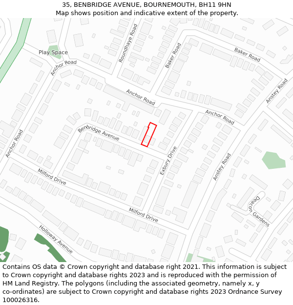 35, BENBRIDGE AVENUE, BOURNEMOUTH, BH11 9HN: Location map and indicative extent of plot