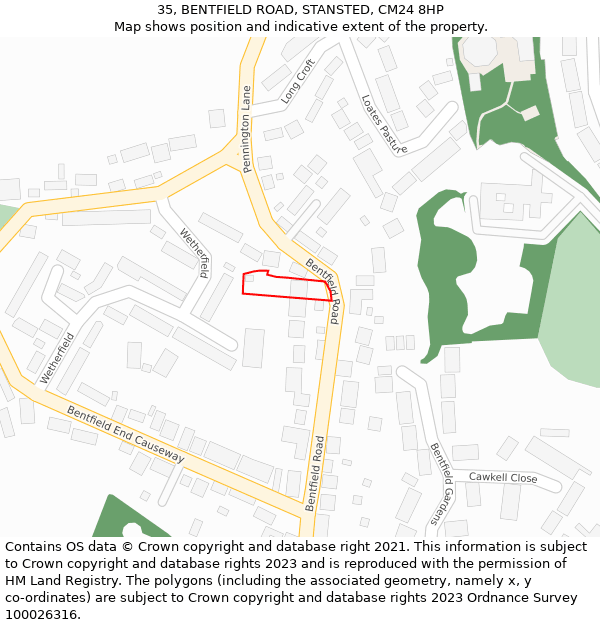 35, BENTFIELD ROAD, STANSTED, CM24 8HP: Location map and indicative extent of plot