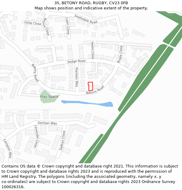 35, BETONY ROAD, RUGBY, CV23 0FB: Location map and indicative extent of plot