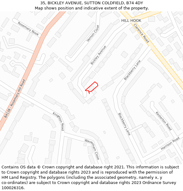 35, BICKLEY AVENUE, SUTTON COLDFIELD, B74 4DY: Location map and indicative extent of plot