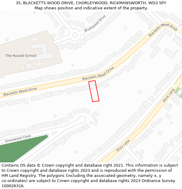 35, BLACKETTS WOOD DRIVE, CHORLEYWOOD, RICKMANSWORTH, WD3 5PY: Location map and indicative extent of plot