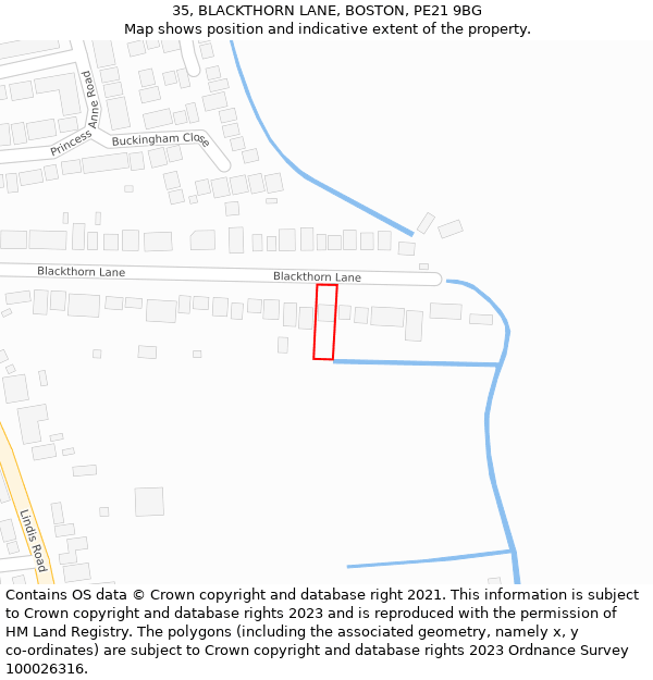 35, BLACKTHORN LANE, BOSTON, PE21 9BG: Location map and indicative extent of plot