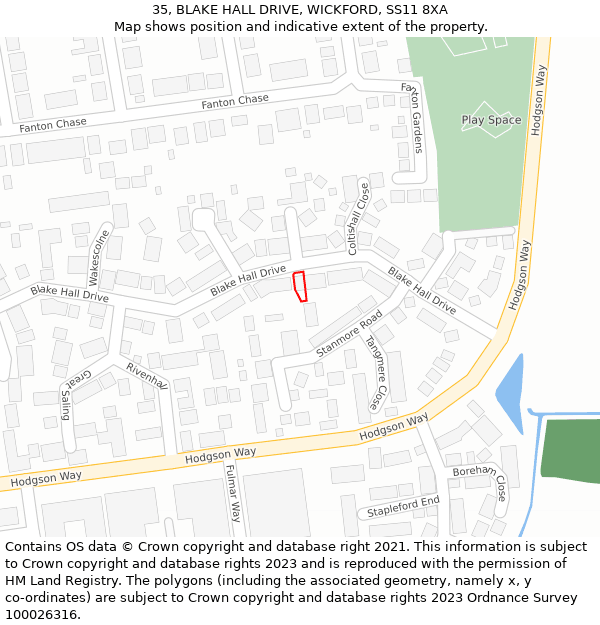 35, BLAKE HALL DRIVE, WICKFORD, SS11 8XA: Location map and indicative extent of plot