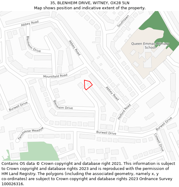 35, BLENHEIM DRIVE, WITNEY, OX28 5LN: Location map and indicative extent of plot