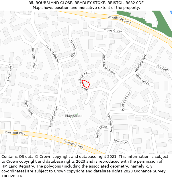 35, BOURSLAND CLOSE, BRADLEY STOKE, BRISTOL, BS32 0DE: Location map and indicative extent of plot