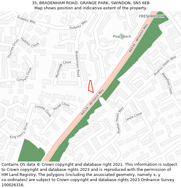35, BRADENHAM ROAD, GRANGE PARK, SWINDON, SN5 6EB: Location map and indicative extent of plot