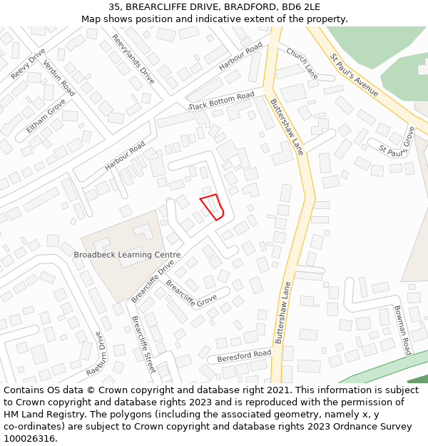 35, BREARCLIFFE DRIVE, BRADFORD, BD6 2LE: Location map and indicative extent of plot