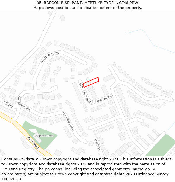 35, BRECON RISE, PANT, MERTHYR TYDFIL, CF48 2BW: Location map and indicative extent of plot