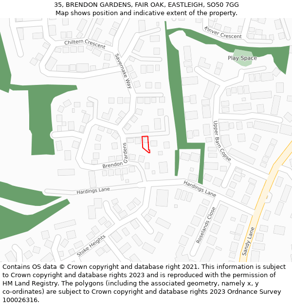 35, BRENDON GARDENS, FAIR OAK, EASTLEIGH, SO50 7GG: Location map and indicative extent of plot